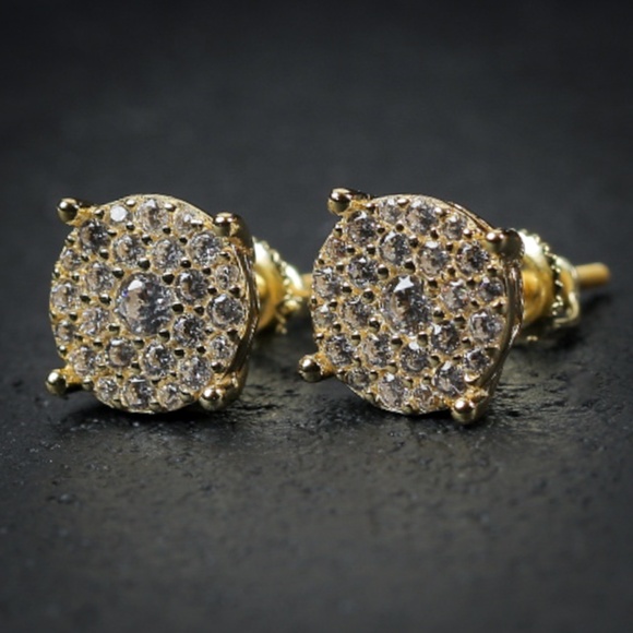 Mens 14K Gold Round Circle Cluster Earrings - Picture 2 of 5